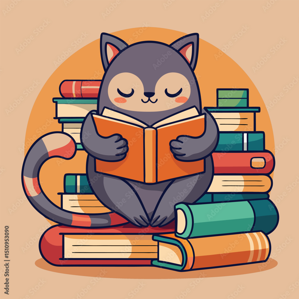 Poster cozy cat mascot curled up with a book while exploring the world of reading and bookmarks among a sta