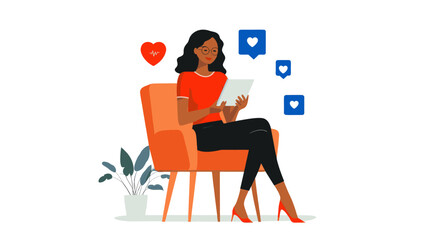 Stylish woman with tablet in orange chair surrounded by social media icons