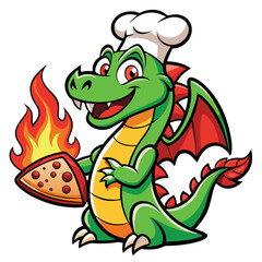 Obraz premium Dragon mascot enthusiastically breathes fire to help a pizza chef cook delicious pizzas in a fun and lively kitchen setting