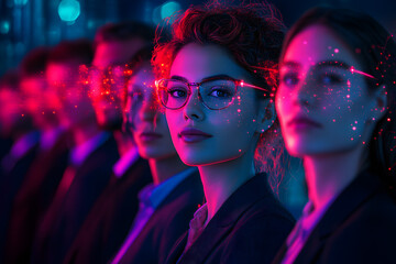 A diverse group of business professionals are standing, symbolizing innovation and a tech-savvy future, with digital overlay and vibrant lighting effects.