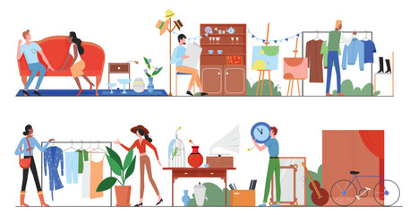 People in flea market sale vector illustration. Cartoon flat man woman shopper characters buy old secondhand clothes and accessories in city street bazaar with marketplace stall set isolated on white