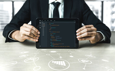 Software development programming on computer screen for modish application and program coding
