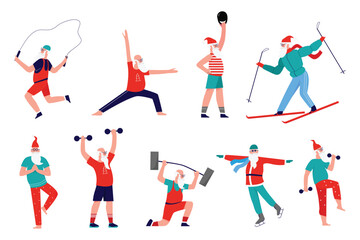 Santa in sport workout vector illustration. Cartoon flat Santa character doing gym exercises with dumbbells barbell, standing in yoga meditating pose, healthy activity, Christmas winter sport set