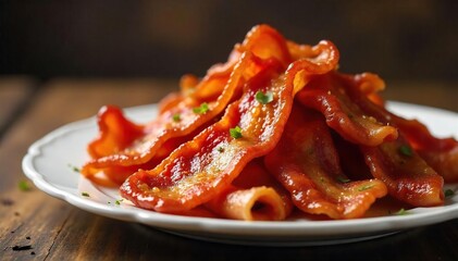 A mountain of crispy bacon strips overflowing a plate, glistening with rendered fat, hinting at gluttonous indulgence and savory satisfaction , hogout, highcalorie, craving