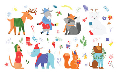 Christmas animal vector illustration set. Cartoon cute hand drawn zoo collection with funny animal characters enjoy xmas holidays, dressed in winter costumes or accessories, sweater, hat and scarf