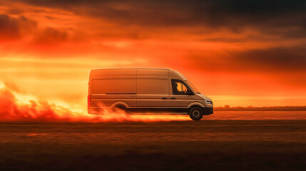 White delivery van with burning wheels on the asphalt against a dark sky background. Concept of fast and intense logistics, postal service, or delivery concept.