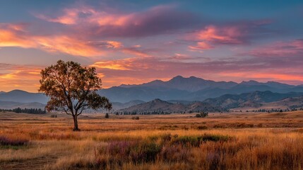   A single tree stands tall amidst a vast open field, framed by majestic mountains as dusk descends