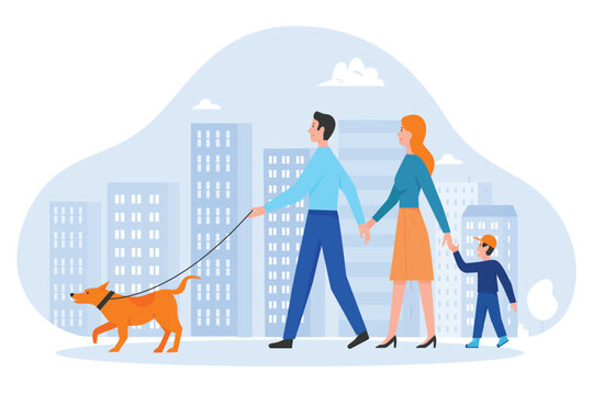 Family people walk vector illustration. Cartoon happy young animal owners, father mother and son kid characters walking in city street with own pet dog, family activity in cityscape isolated on white