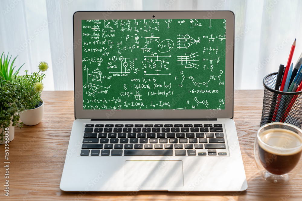 Poster mathematic equations and modish formula on computer screen showing concept of science and education