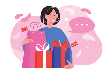 Shop sales vector illustration. Cartoon flat happy woman shopper character holding gift box and shopping bag, shopaholic buyer girl buying present on seasonal discount sale in store isolated on white