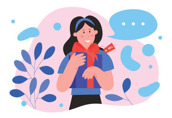 Discount shop sale vector illustration. Cartoon flat happy shopaholic woman character holding gift box, smiling lady enjoying fashion seasonal sale in store, discount coupon concept isolated on white