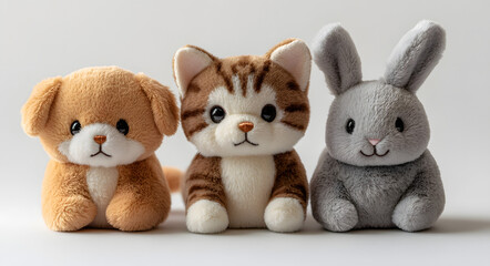 Fototapeta premium Adorable trio of plush animal keychains featuring a charming tabby cat, a cute brown and white dog, and a sweet grey bunny, neatly aligned on a clean white background