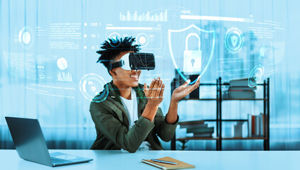 Skilled african man looking at personal data while wearing VR glasses. Person with casual shirt checking and analyzing security protection and accessing firewall protection. Technology. Ingenuity.