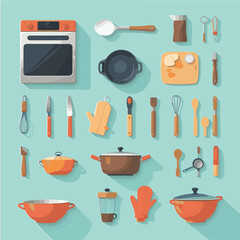 Kitchen utensils and tools vector icon set with colorful cartoon style