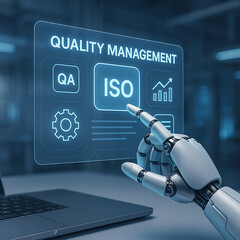 Robotic finger selecting ISO certification option on futuristic quality management screen
