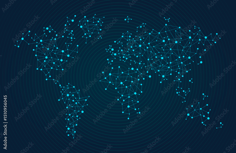 Wall mural light glowing connected dots world map with all continents and largest cities, quantum big data for 