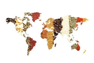 World map made of different aromatic spices on white background
