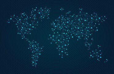 Light Glowing Connected Dots World Map with All Continents and Largest Cities, Quantum Big Data for Web, Business, and Infographics, Cloud Network and AI Technology Vector Dark Blue Background