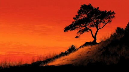   Lone tree on hill against red sky, grass in foreground Optimized