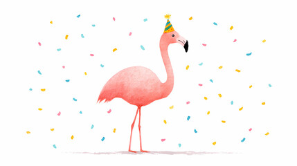 Obraz premium Funny Flamingo Wearing Party Hat Whimsical Bird Illustration Cute Animal Art Tropical Celebration Graphic Playful Character Design Colorful Watercolor Style Unique Birthday Card Design 