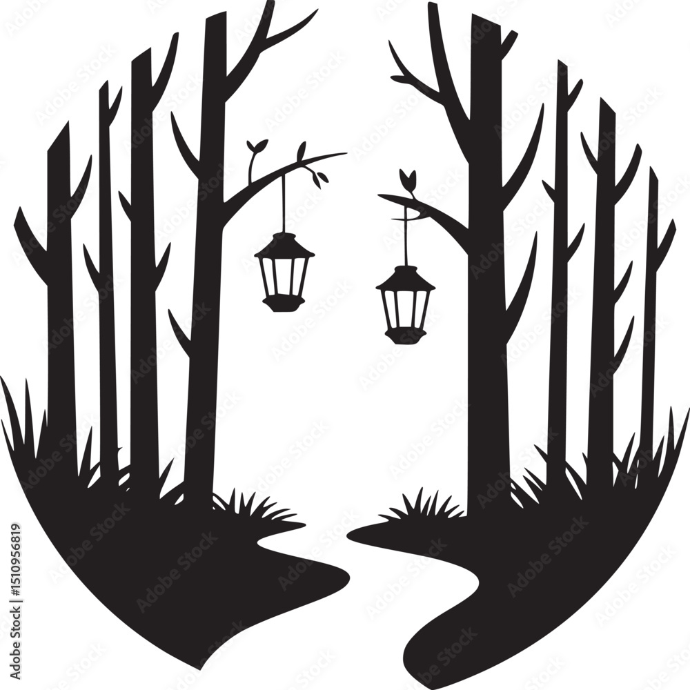 Aufkleber silhouette of trees with hanging lanterns and a winding path in a circle frame