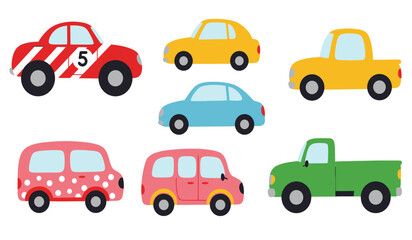 Flat cars. Cartoon vehicle side view. Taxi, minivan, mini car, suv and pickup truck. City auto transport icons. Automobile design vector set. City transportation objects isolated on white