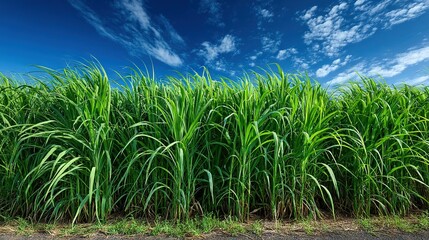  A vast field of lush green grass thrives beneath a clear blue sky, adorned with delicate wispy clouds overhead