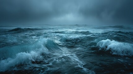   A cloudy day with a boat in the distance surrounded by waves in the foreground