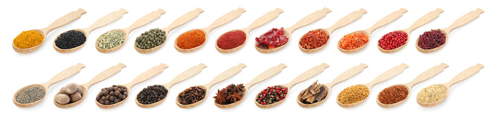 Different aromatic spices in wooden spoons on white background, set
