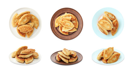 Tasty baked patties on white background, collage. Top and side view