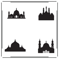 Islamic Mosque Silhouette Vector Set – Black Dome and Minaret Architecture Icons – Muslim Religious Building Clipart for Ramadan, Eid, Islamic Art, and Middle Eastern Travel Designs