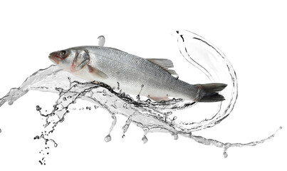 Sea bass fish in water splashes on white background