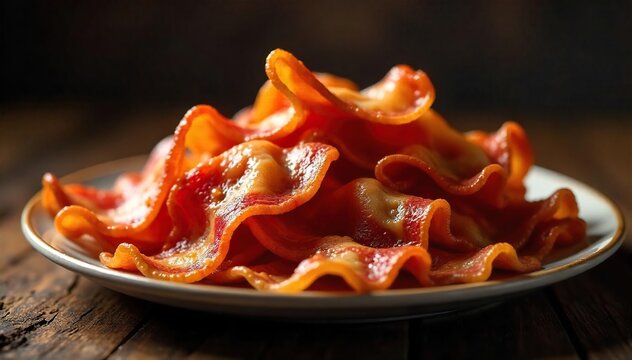 A mountain of crispy bacon strips overflowing a plate, glistening with rendered fat, hinting at gluttonous indulgence and savory satisfaction , delicious, gluttony
