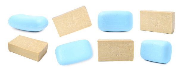 Different soap bars isolated on white, set. Top and side view