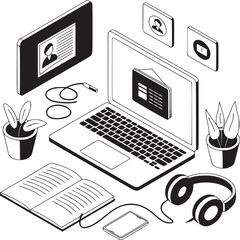 Isometric workspace setup with laptop, book, and digital devices in black and white