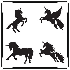 Magical Unicorn and Pegasus Silhouette Vector Set – Flying and Standing Mythical Horses with Horns and Flowing Tails – Fantasy Clipart for Kids’ Art, Fairytale Crafts, and Storybook Illustrations