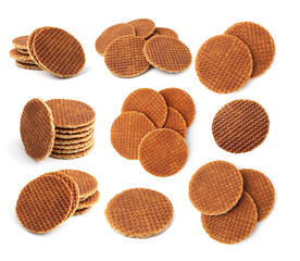 Yummy Dutch waffles isolated on white, set