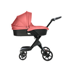 Baby carriage. Modern pram with red canopy isolated on white