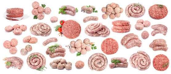 Different fresh raw meat products on white background, collage
