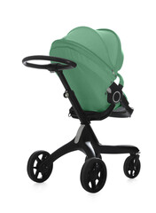 Baby carriage. Modern pram with aquamarine color canopy isolated on white