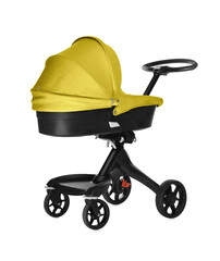 Baby carriage. Modern pram with yellow canopy isolated on white