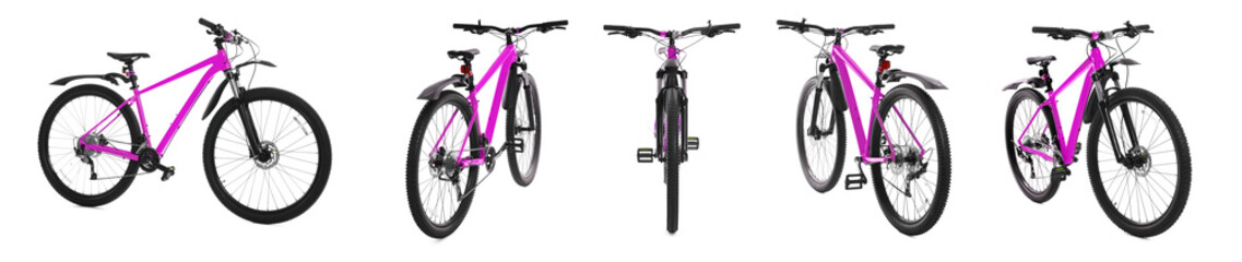Color bicycle on white background, collage. View from different sides