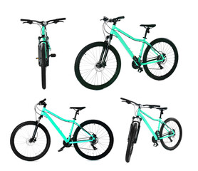 Color bicycle on white background, collage. View from different sides