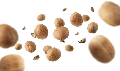 Aromatic nutmeg seeds and pieces falling on white background