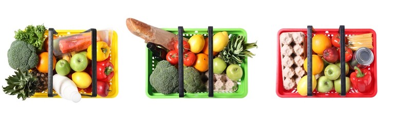 Shopping baskets with different products on white background, set. Top view