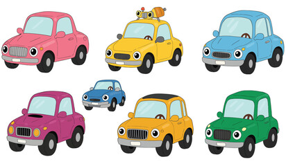 Fototapeta premium Flat cars. Cartoon vehicle side view. Taxi, minivan, mini car, suv and pickup truck. City auto transport icons. Automobile design vector set. City transportation objects isolated on white