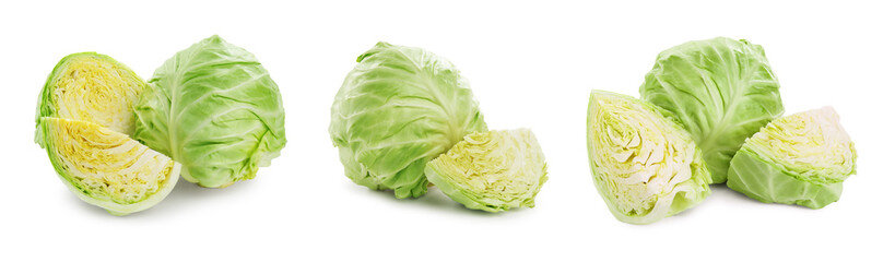 Fototapeta premium Fresh ripe cabbages on white background, set