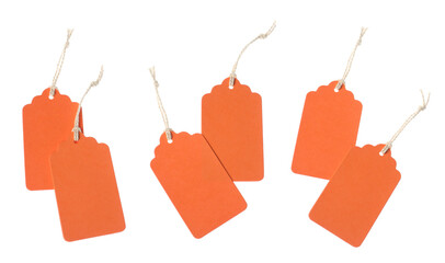 Many blank tags on white background, collage. Mockup for design