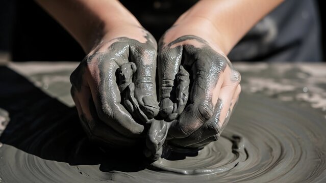 Potter kneads wet gray clay on a pottery wheel, skillfully preparing to shape and mold a unique ceramic masterpiece in a vibrant workshop filled with creativity and tradition