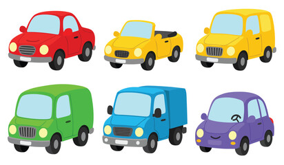 Flat cars. Cartoon vehicle side view. Taxi, minivan, mini car, suv and pickup truck. City auto transport icons. Automobile design vector set. City transportation objects isolated on white